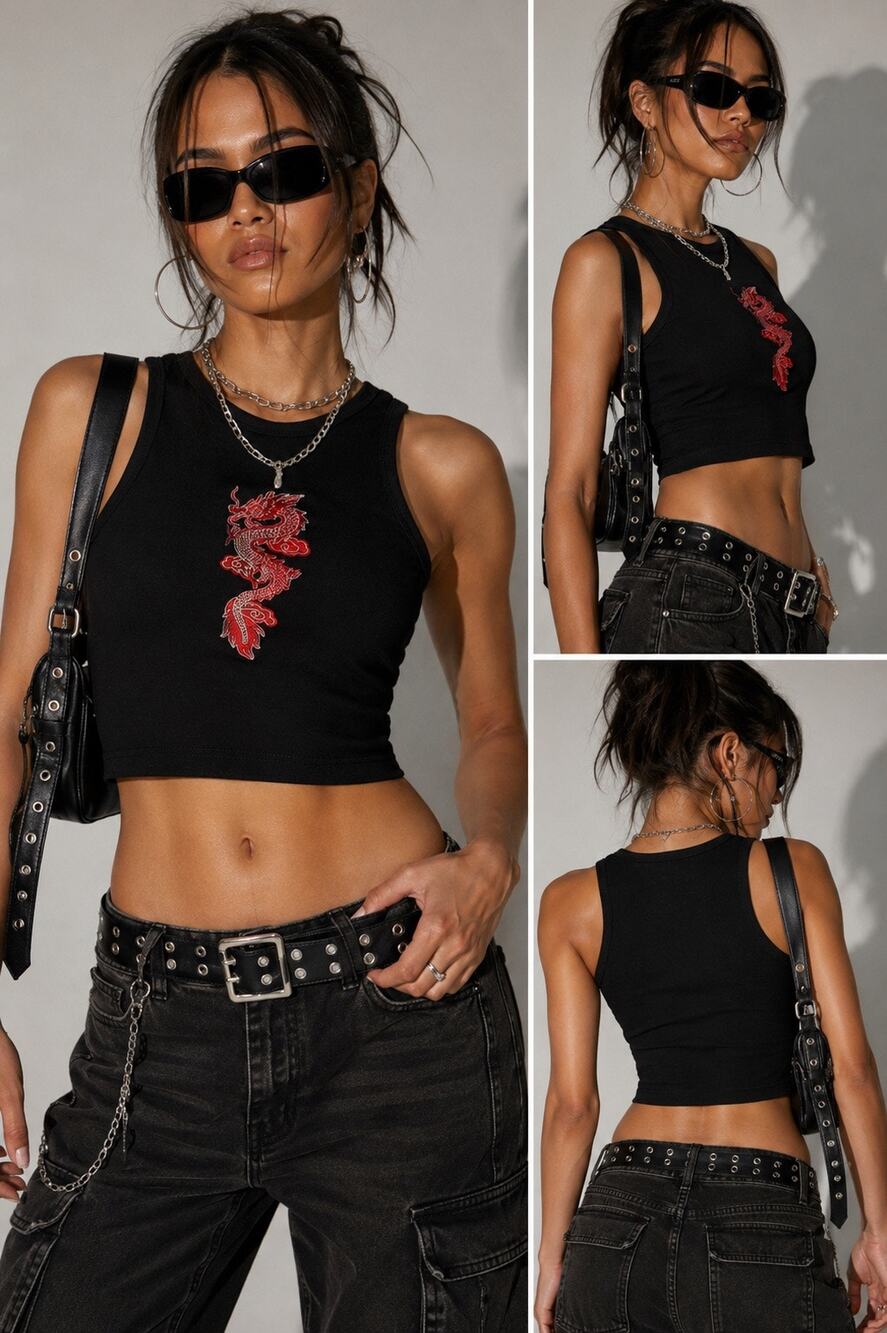 NWT Tiger Mist Black Cropped Tank with Red Dragon Embroidery
